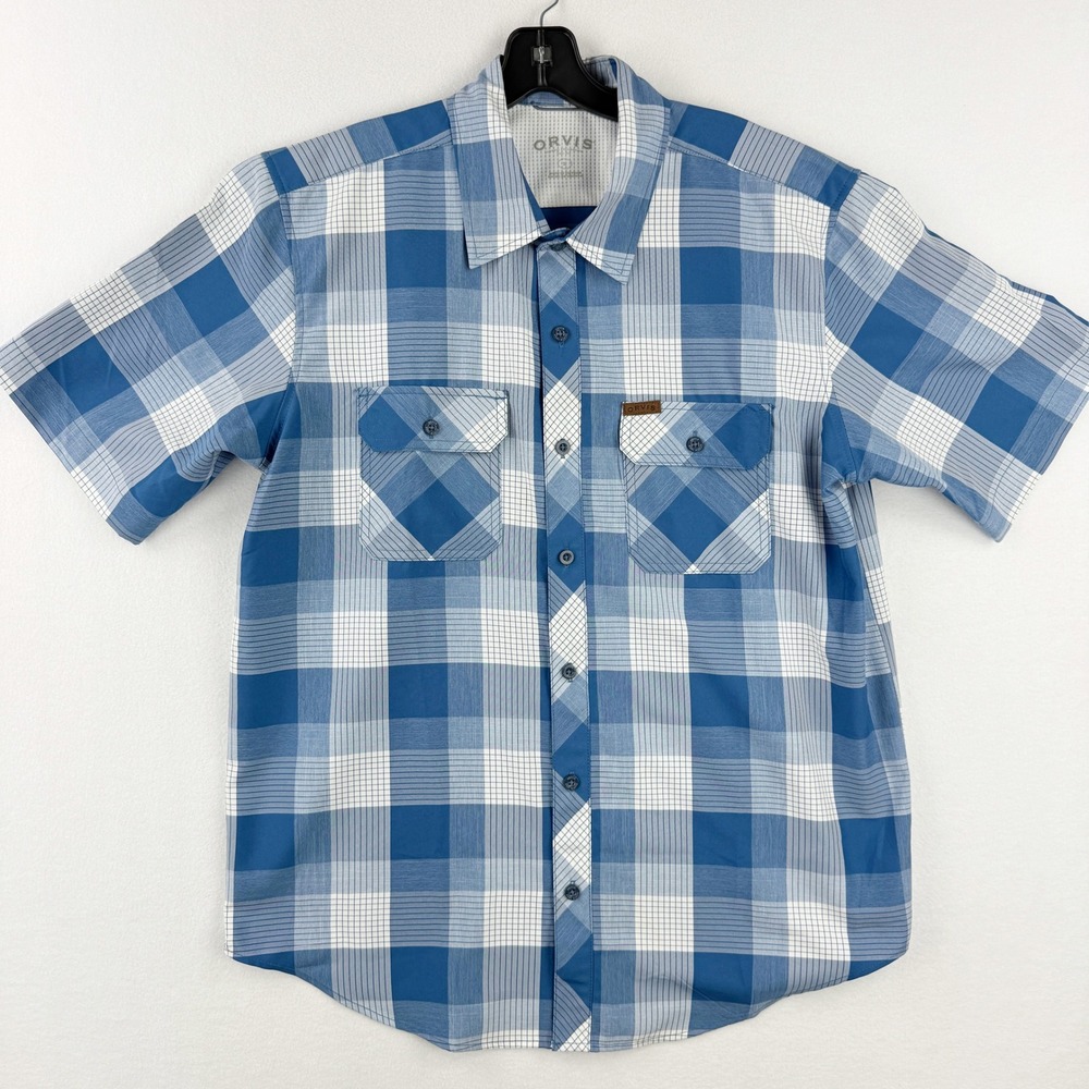 Orvis River Guide Short Sleeve Shirt‎ Size L Mens Blue White Plaid